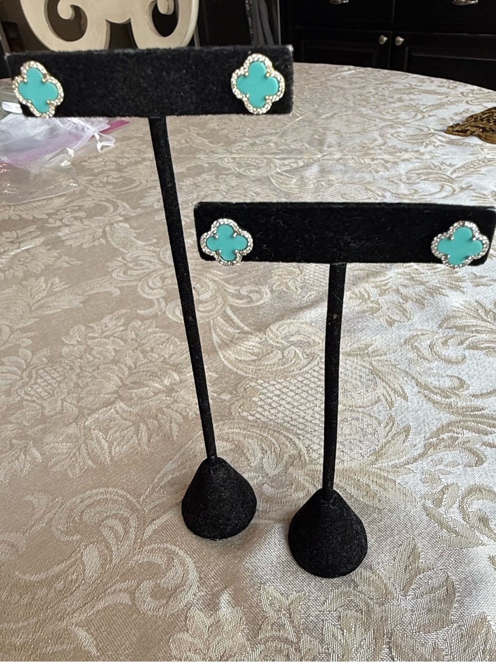 Sterling Turquoise Clover Stud Earrings with Crystal Halo
